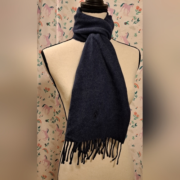 Vintage Polo Ralph Lauren Navy Wool Unisex Warm Winter Casual Scarf w/ Fringe - Picture 1 of 8